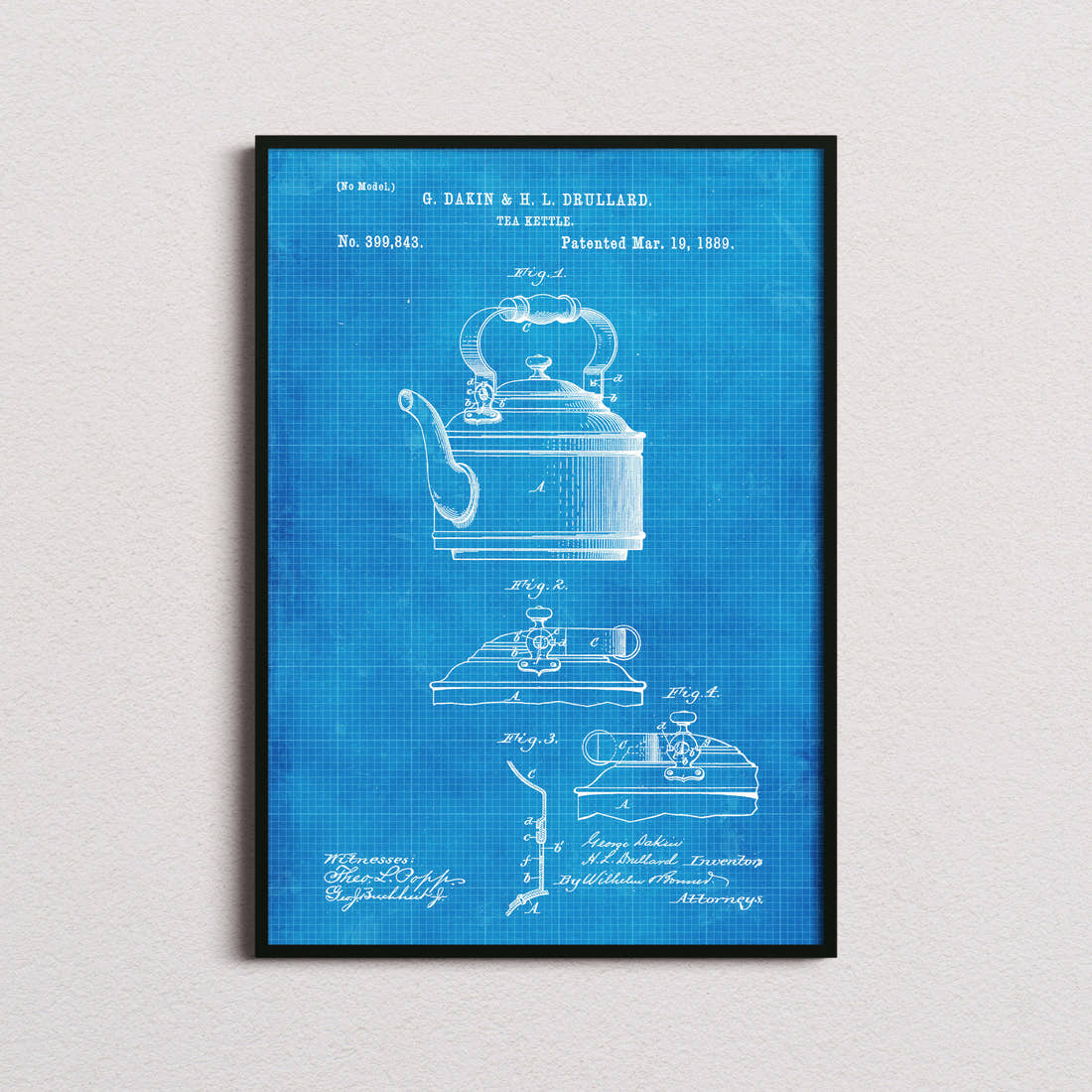 Tea Kettle Patent Print in the blueprint colourway, framed