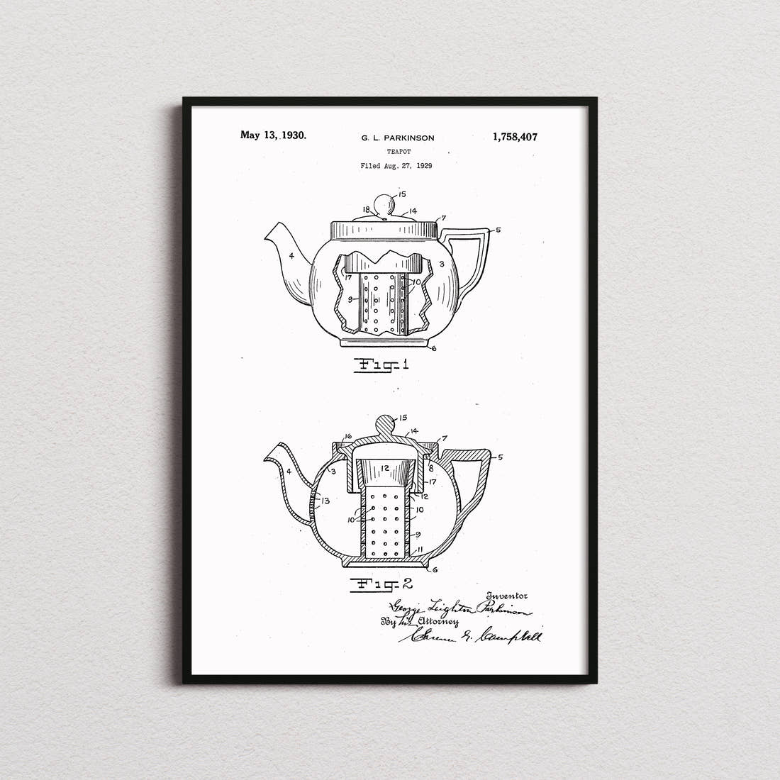 Tea Pot Patent Print in the white colourway, framed