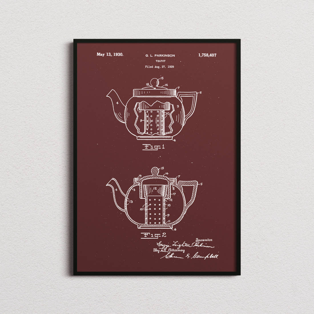 Tea Pot Patent Print in the burgundy colourway, framed