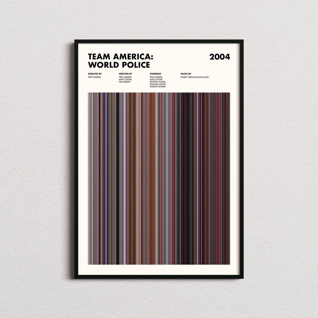 Team America: World Police Movie Barcode Poster framed on a plain studio wall