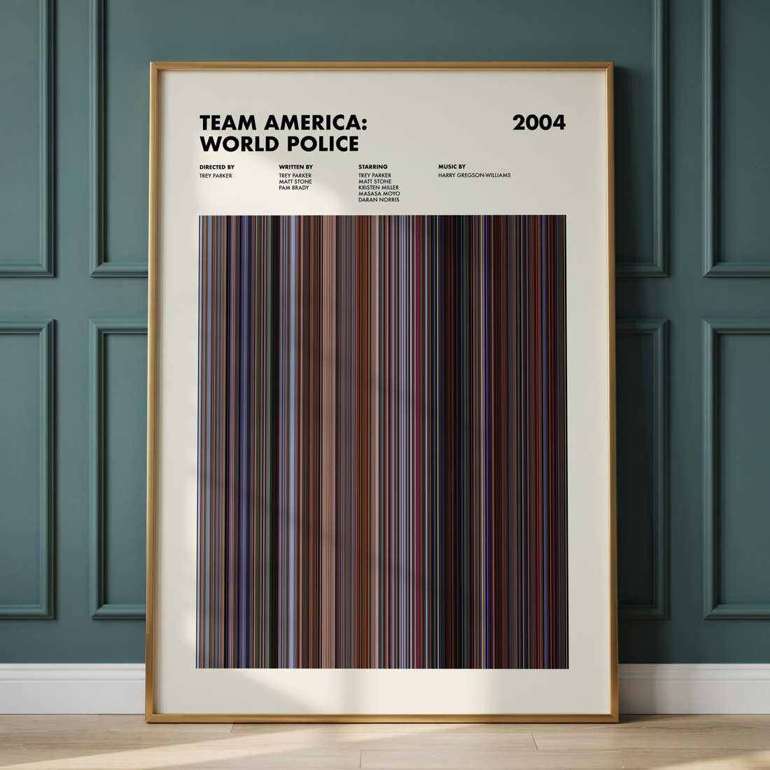 Team America: World Police Movie Barcode Poster framed and leaning against a panelled wall