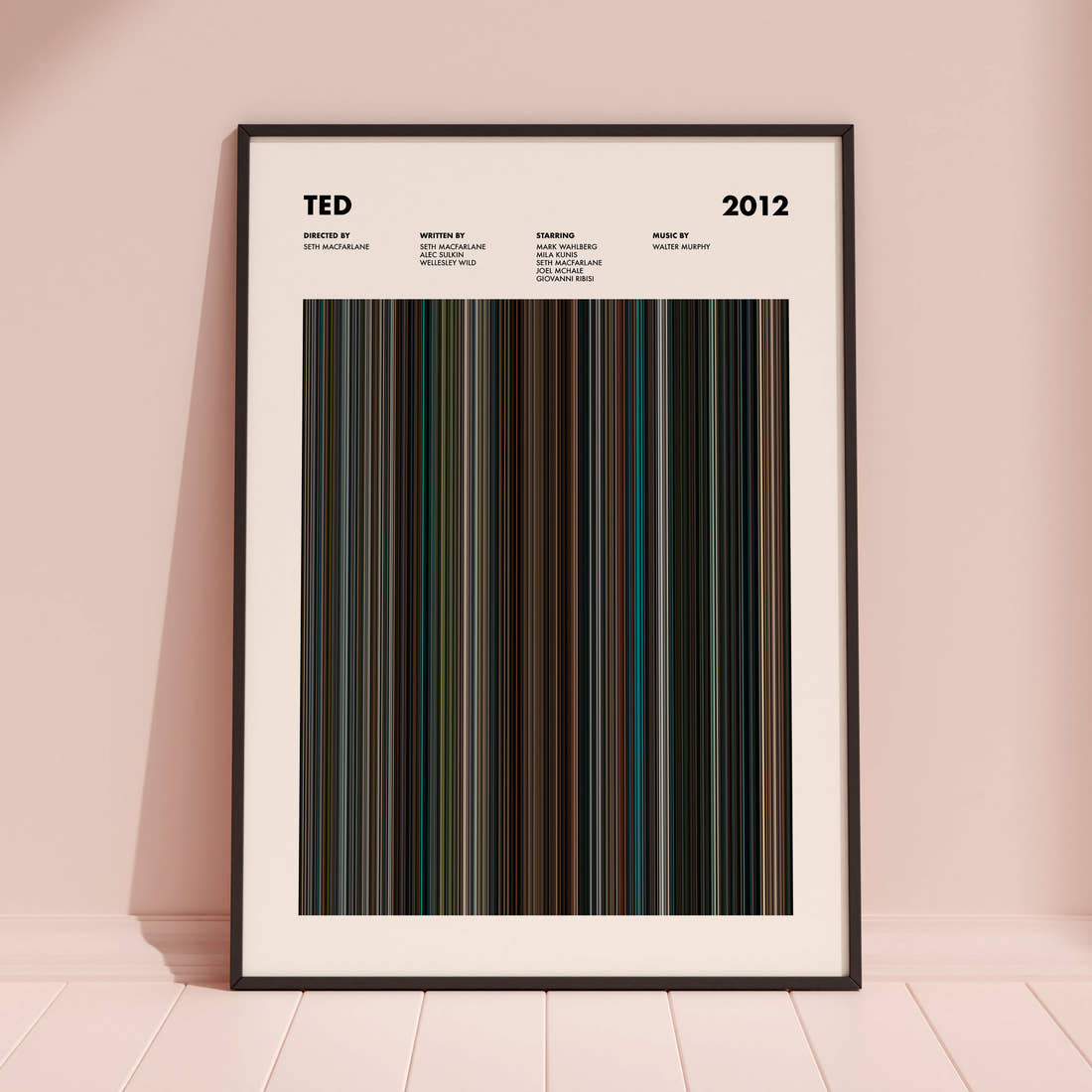 Ted Movie Barcode Poster framed and leaning against a coloured wall