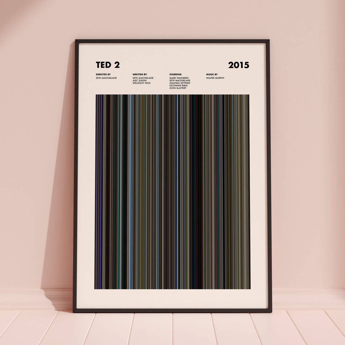 Ted 2 Movie Barcode Poster framed and leaning against a coloured wall
