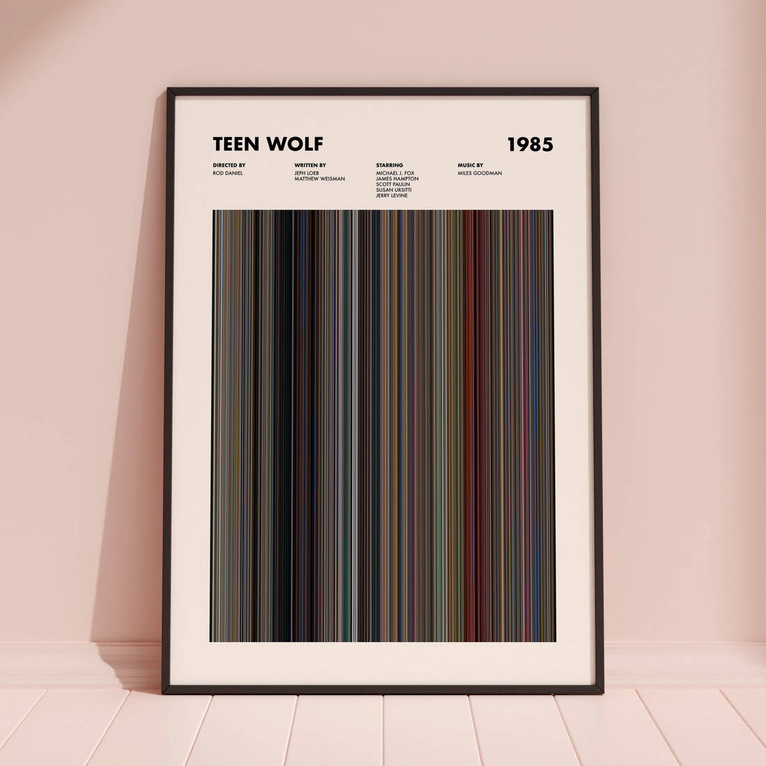 Teen Wolf Movie Barcode Poster framed and leaning against a coloured wall