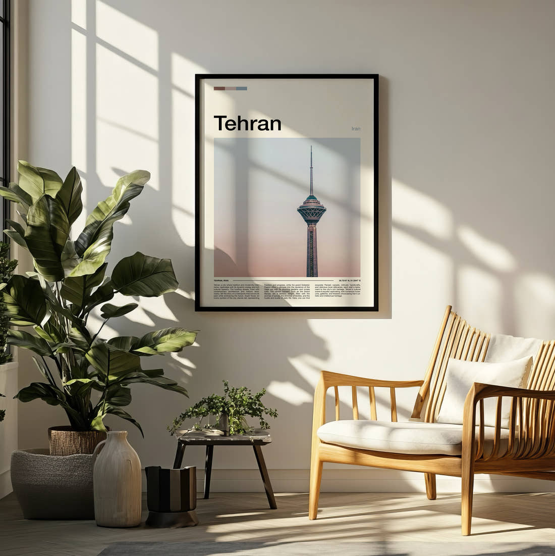Tehran Milad Tower Travel Print framed on a pale wall beside houseplants