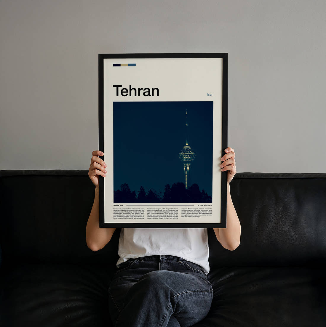 Tehran Milad Tower At Night Travel Print held up by hand to show the size of the print