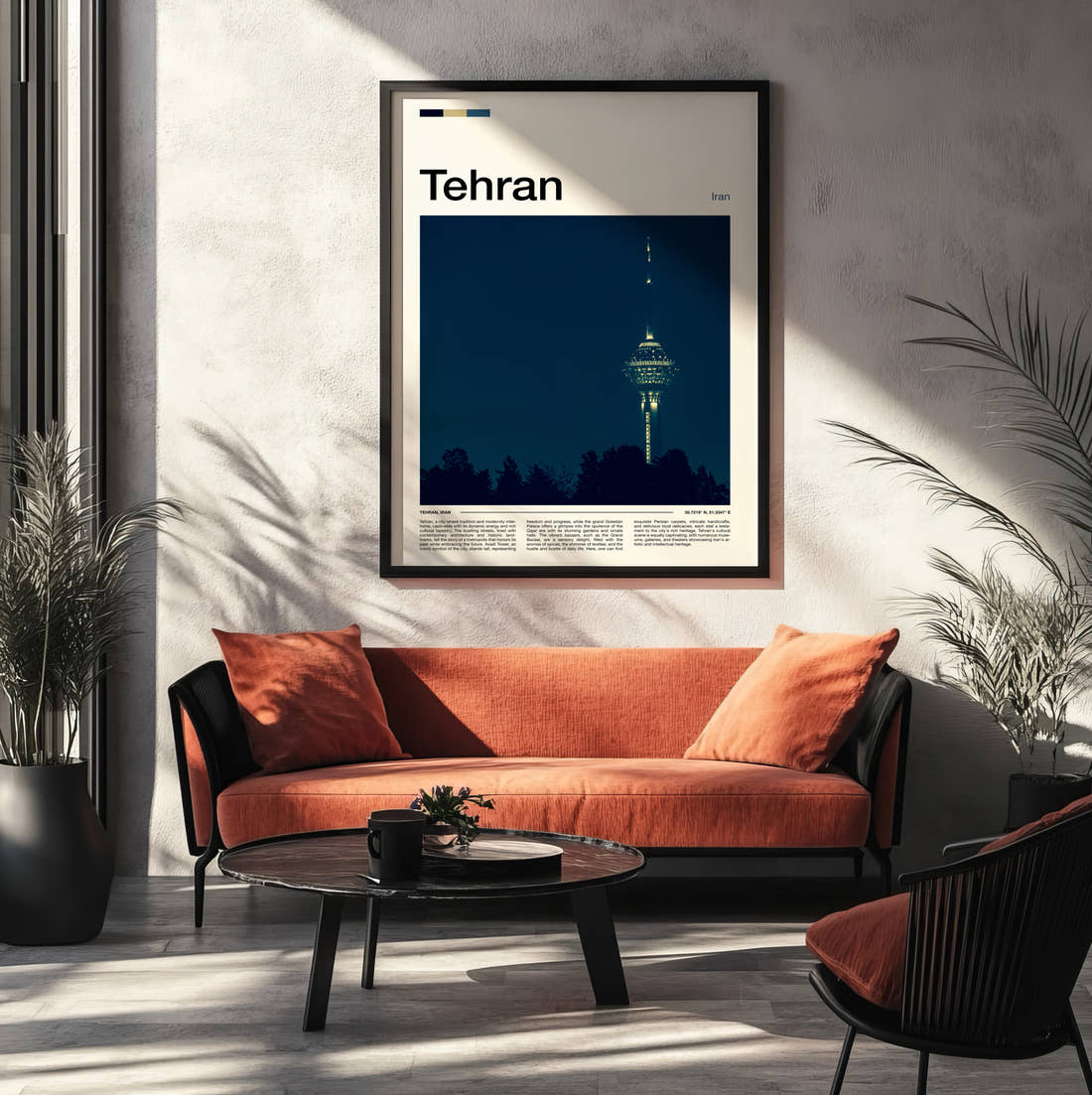 Tehran Milad Tower At Night Travel Print framed on the wall of a modern living room