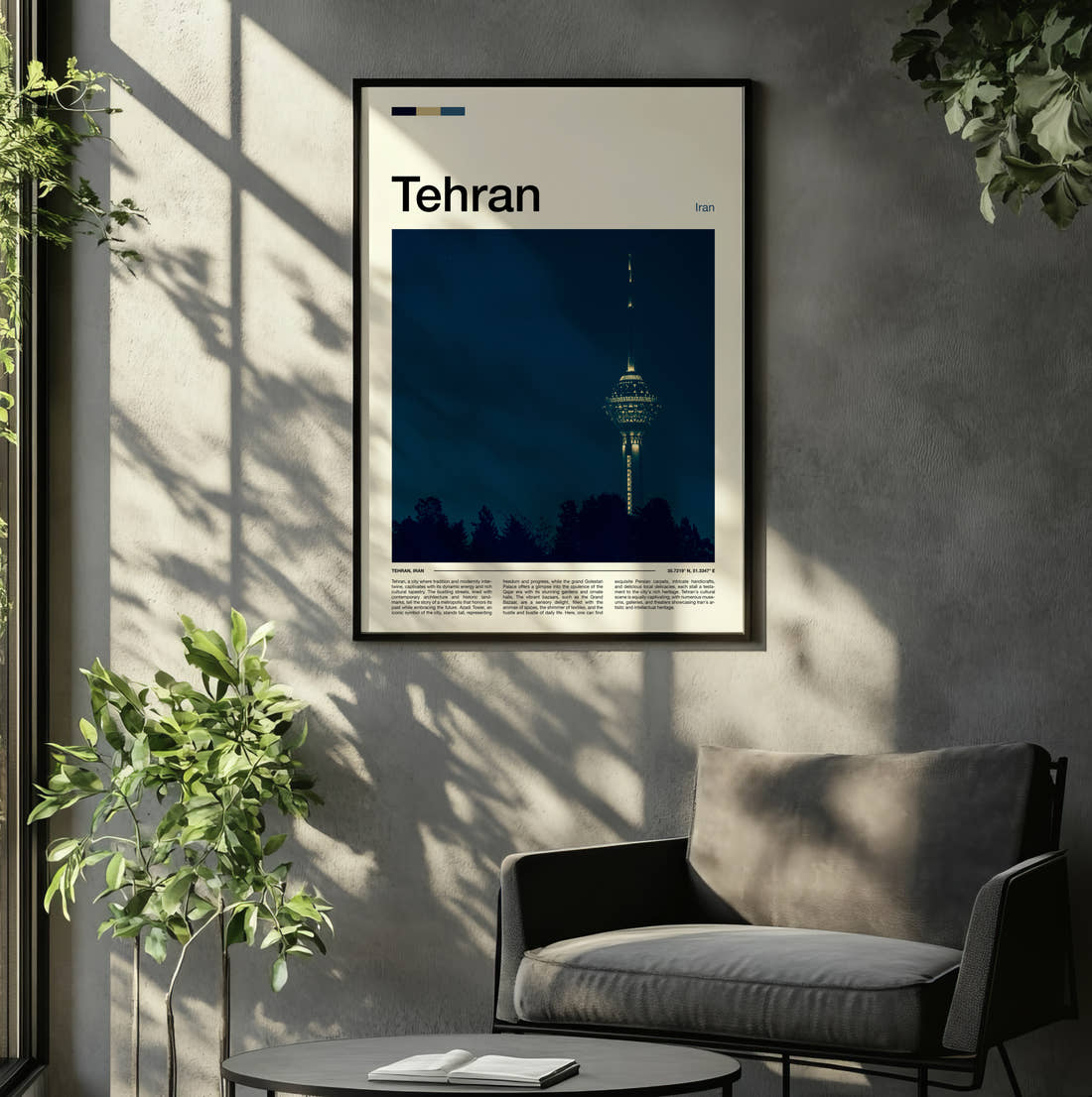 Tehran Milad Tower At Night Travel Print framed on the wall of a relaxed living room