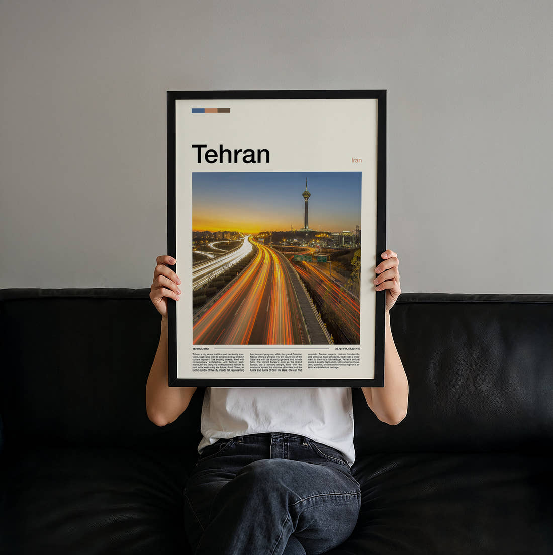 Tehran Traffic Light Trails Travel Print held up by hand to show the size of the print