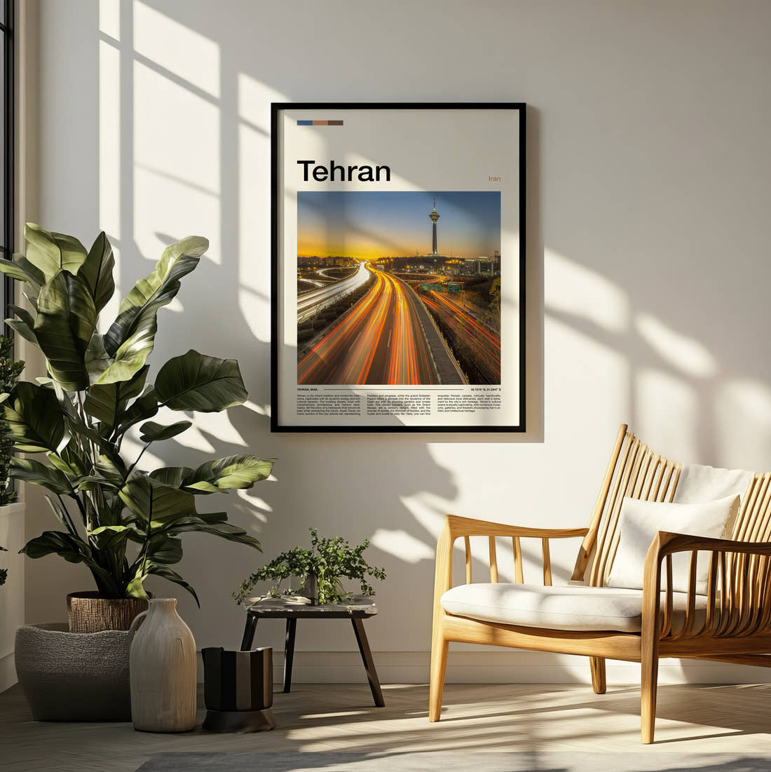 Tehran Traffic Light Trails Travel Print framed on a pale wall beside houseplants