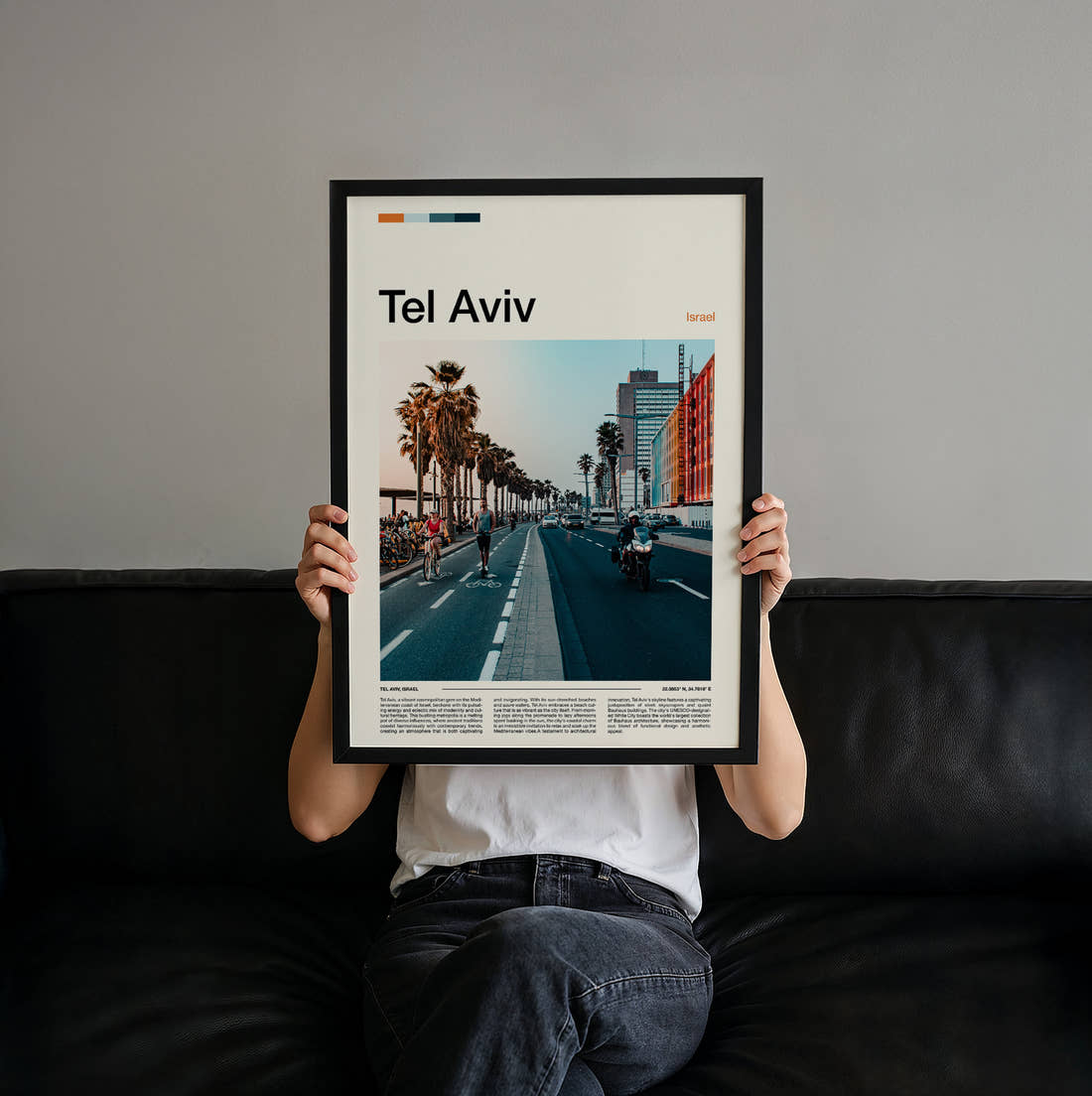Tel Aviv Palm Lined Boulevard Travel Print held up by hand to show the size of the print