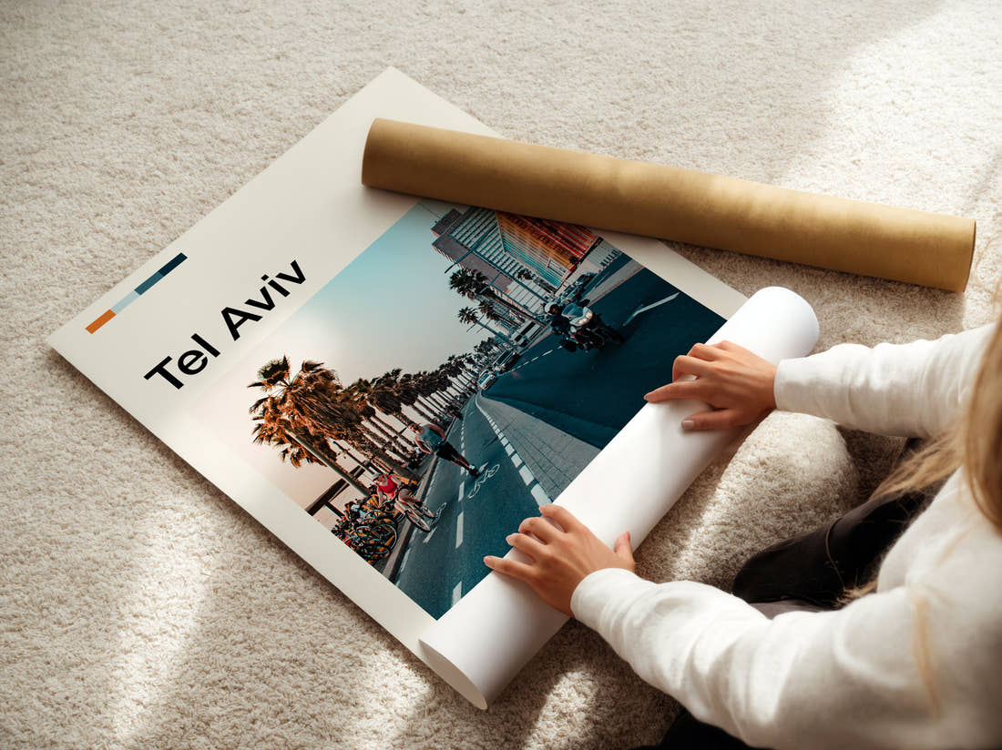 Tel Aviv Palm Lined Boulevard Travel Print being unrolled from its postal tube
