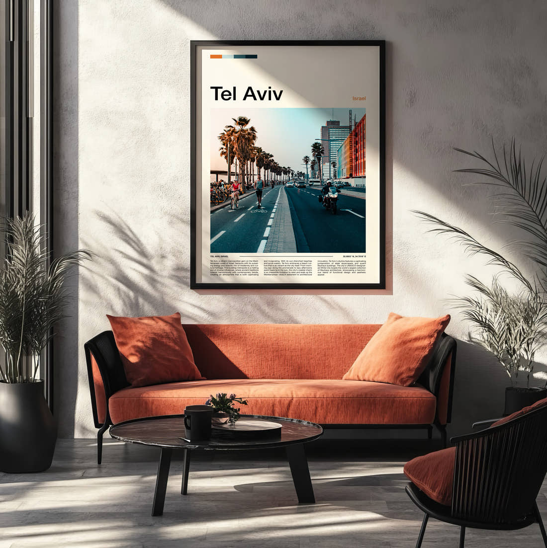 Tel Aviv Palm Lined Boulevard Travel Print framed on the wall of a modern living room
