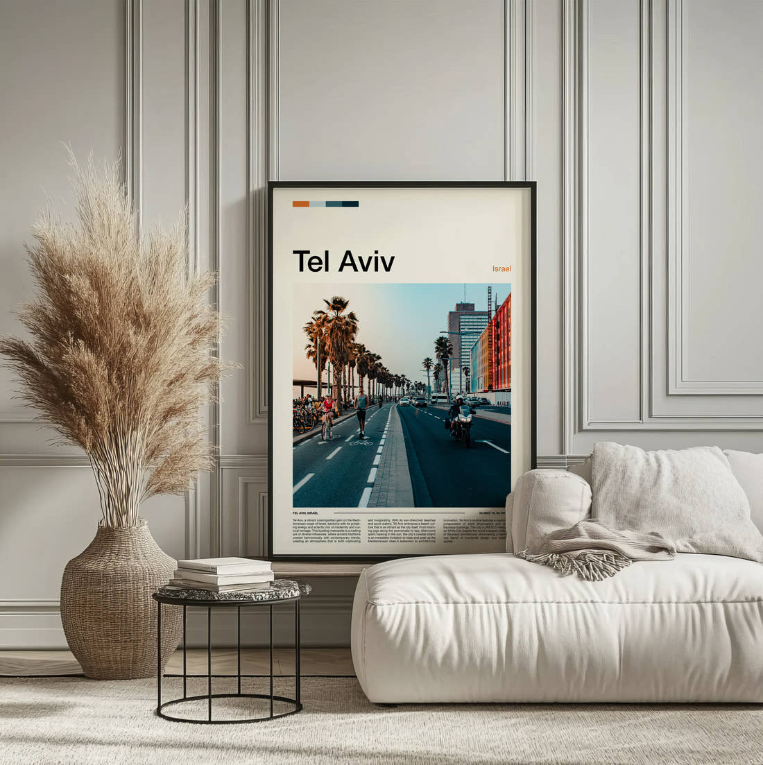 Tel Aviv Palm Lined Boulevard Travel Print framed on the wall of a calm, neutral bedroom