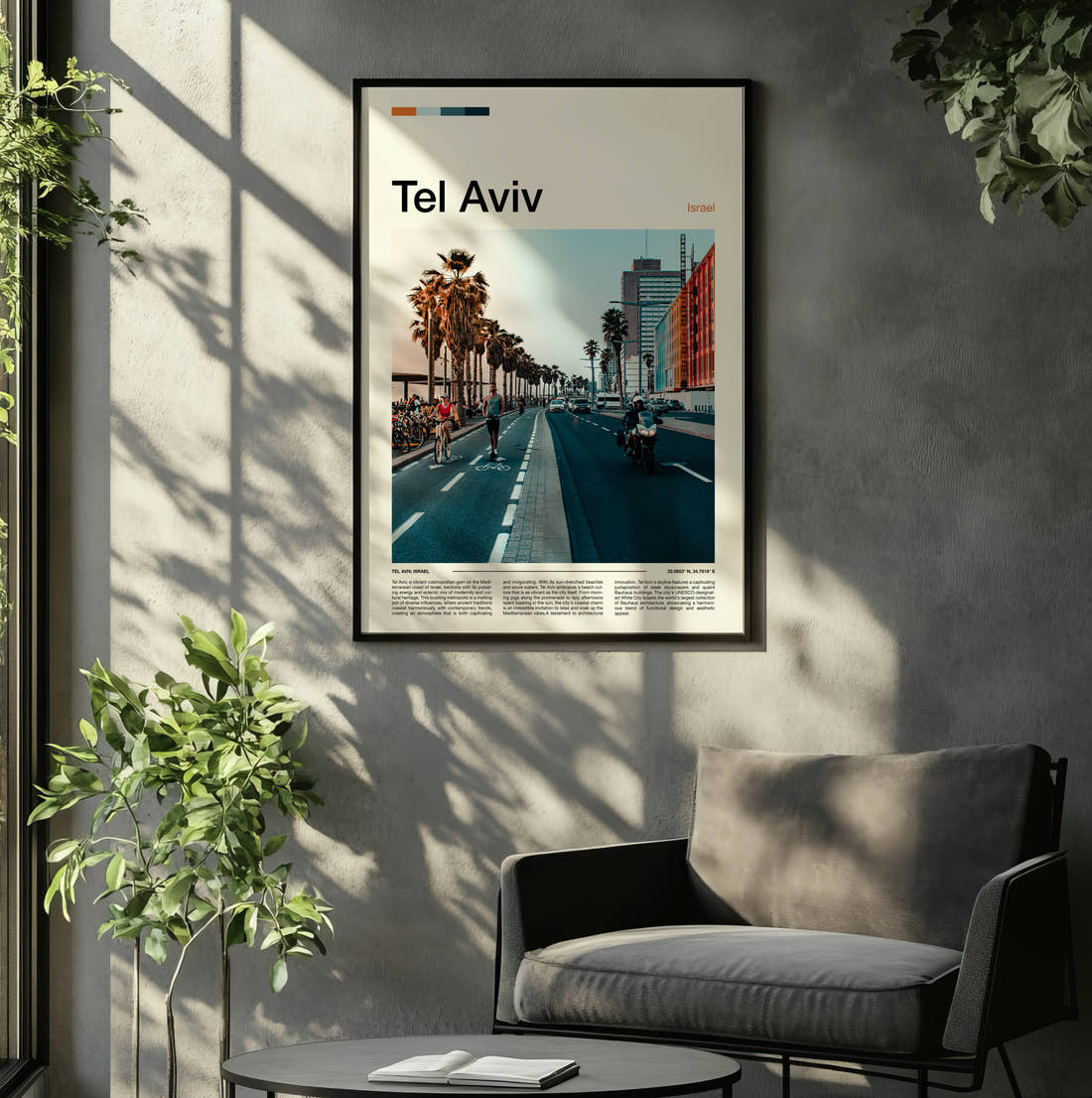 Tel Aviv Palm Lined Boulevard Travel Print framed on the wall of a relaxed living room