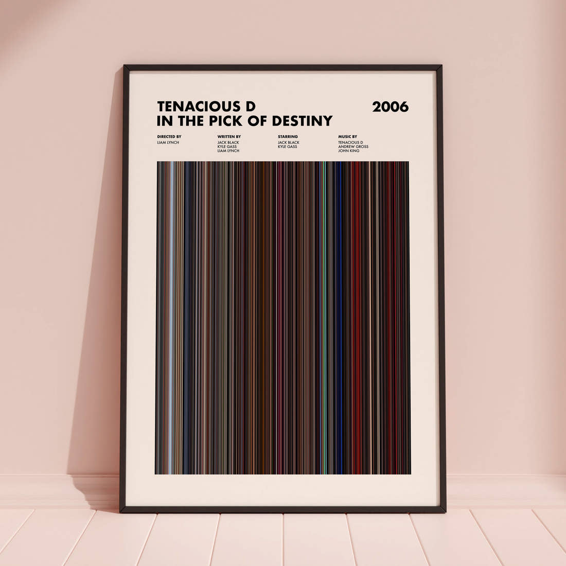 Tenacious D In The Pick Of Destiny Movie Barcode Poster framed and leaning against a coloured wall