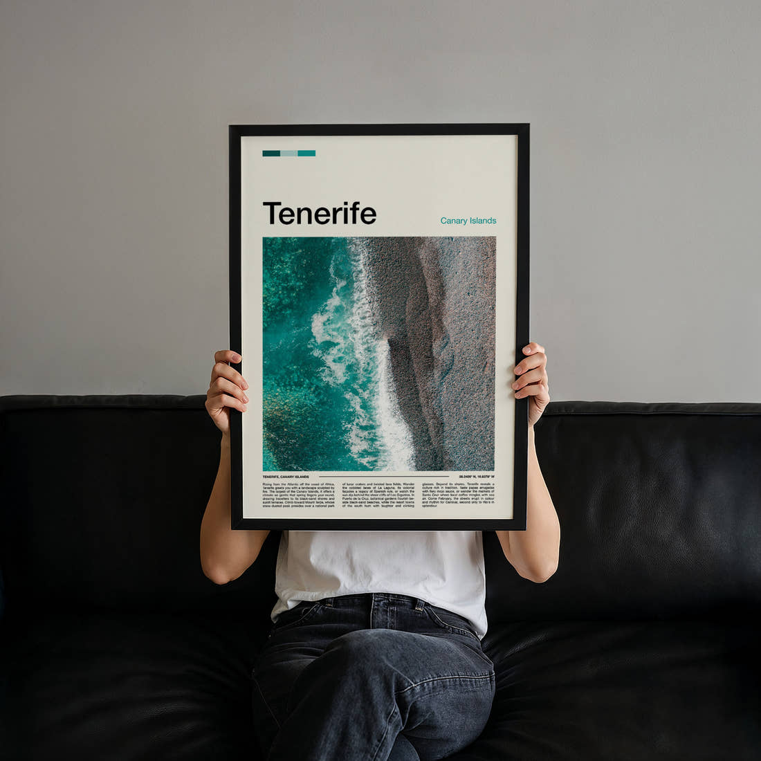 Tenerife Aerial Coastline View Travel Print held up by hand to show the size of the print
