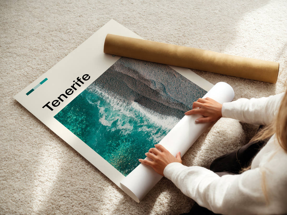 Tenerife Aerial Coastline View Travel Print being unrolled from its postal tube