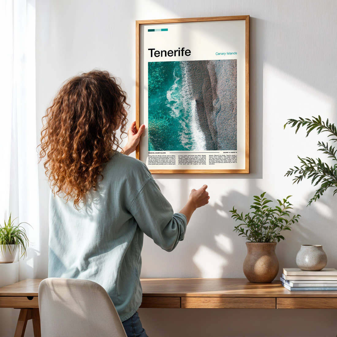 Tenerife Aerial Coastline View Travel Print framed on a pale wall beside houseplants