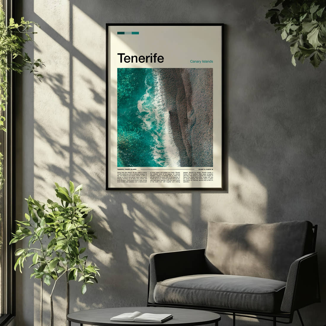 Tenerife Aerial Coastline View Travel Print framed on the wall of a relaxed living room