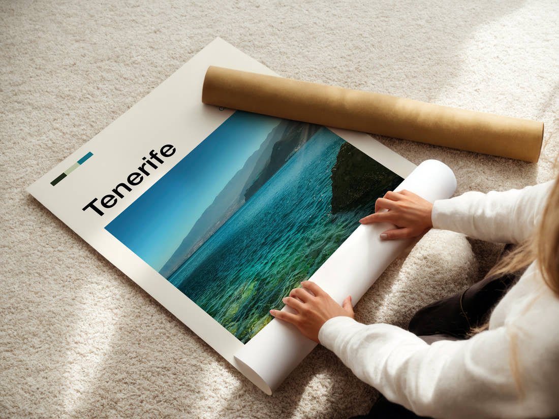 Tenerife Turquoise Coastal Waters Travel Print being unrolled from its postal tube