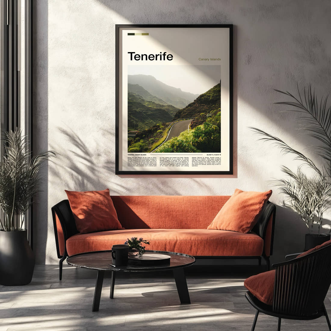 Tenerife Winding Mountain Road Travel Print framed on the wall of a modern living room