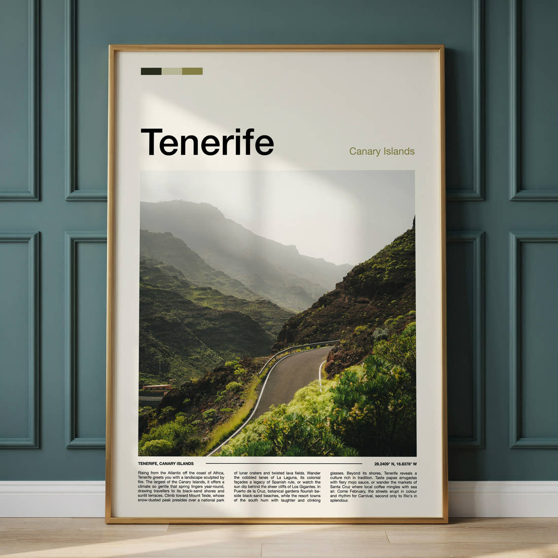 Tenerife Winding Mountain Road Travel Print framed on the wall of a calm, neutral bedroom