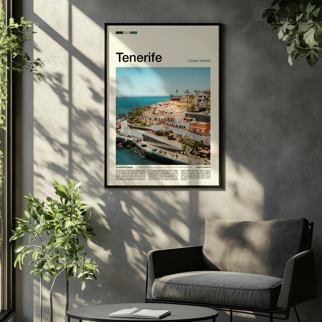 Tenerife Coastal Village View Travel Print framed on the wall of a relaxed living room