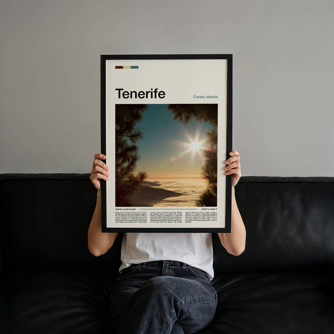 Tenerife Sunburst Above Clouds Travel Print held up by hand to show the size of the print