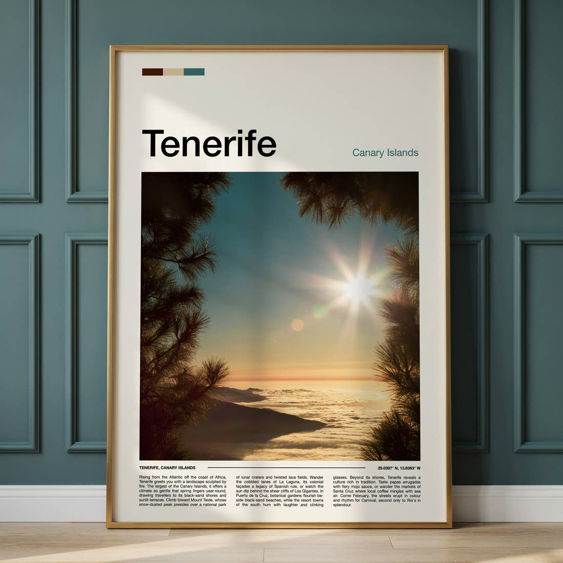 Tenerife Sunburst Above Clouds Travel Print framed on the wall of a calm, neutral bedroom