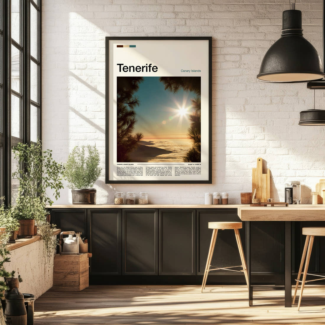 Tenerife Sunburst Above Clouds Travel Print framed on the wall of a bright kitchen and dining space
