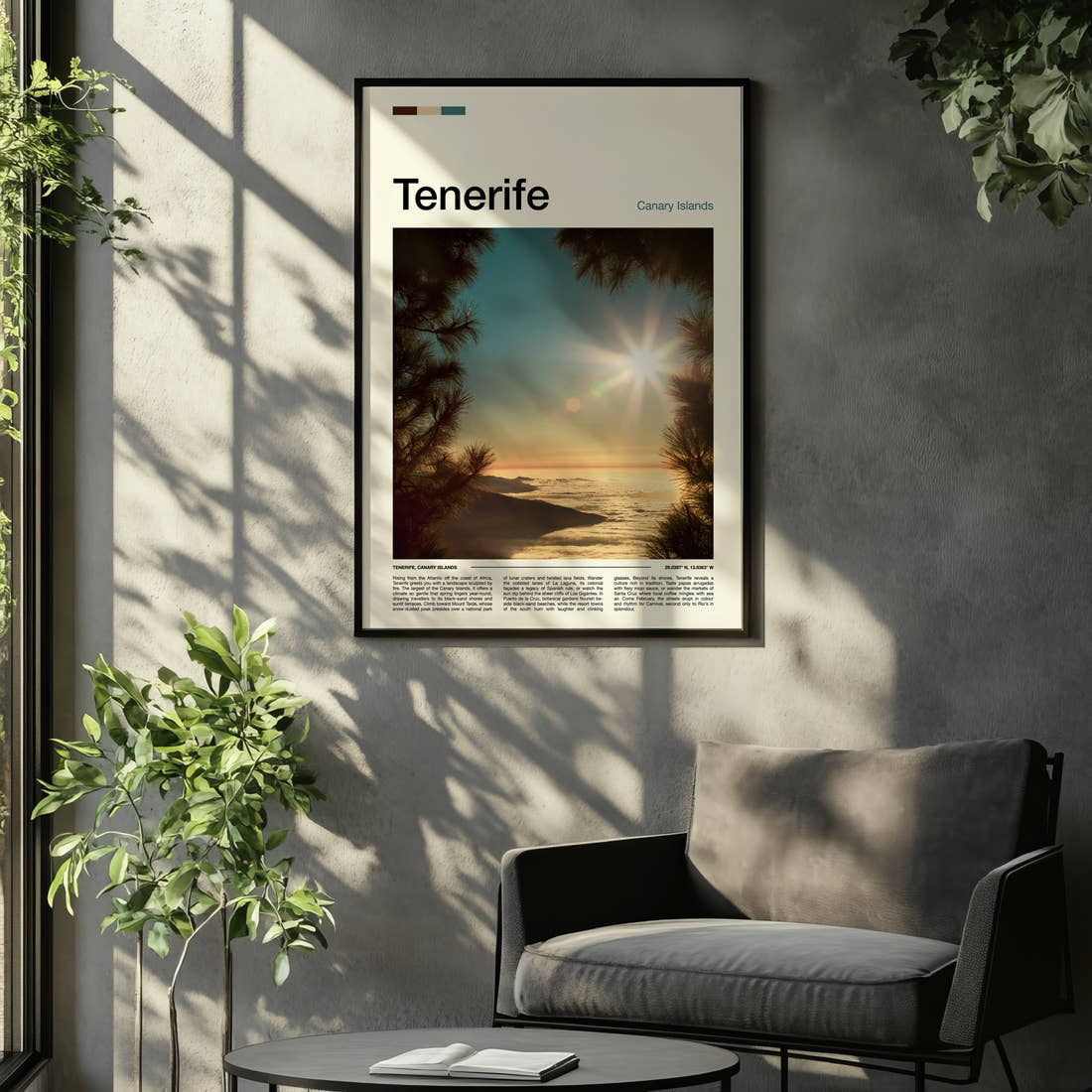 Tenerife Sunburst Above Clouds Travel Print framed on the wall of a relaxed living room
