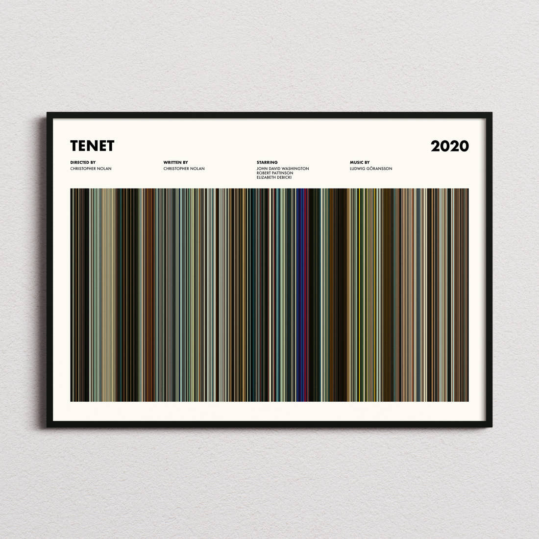 Tenet Movie Barcode Poster framed and photographed straight on