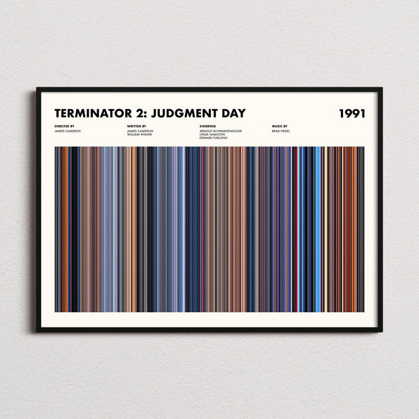 Terminator 2: Judgment Day Movie Barcode Poster framed and photographed straight on