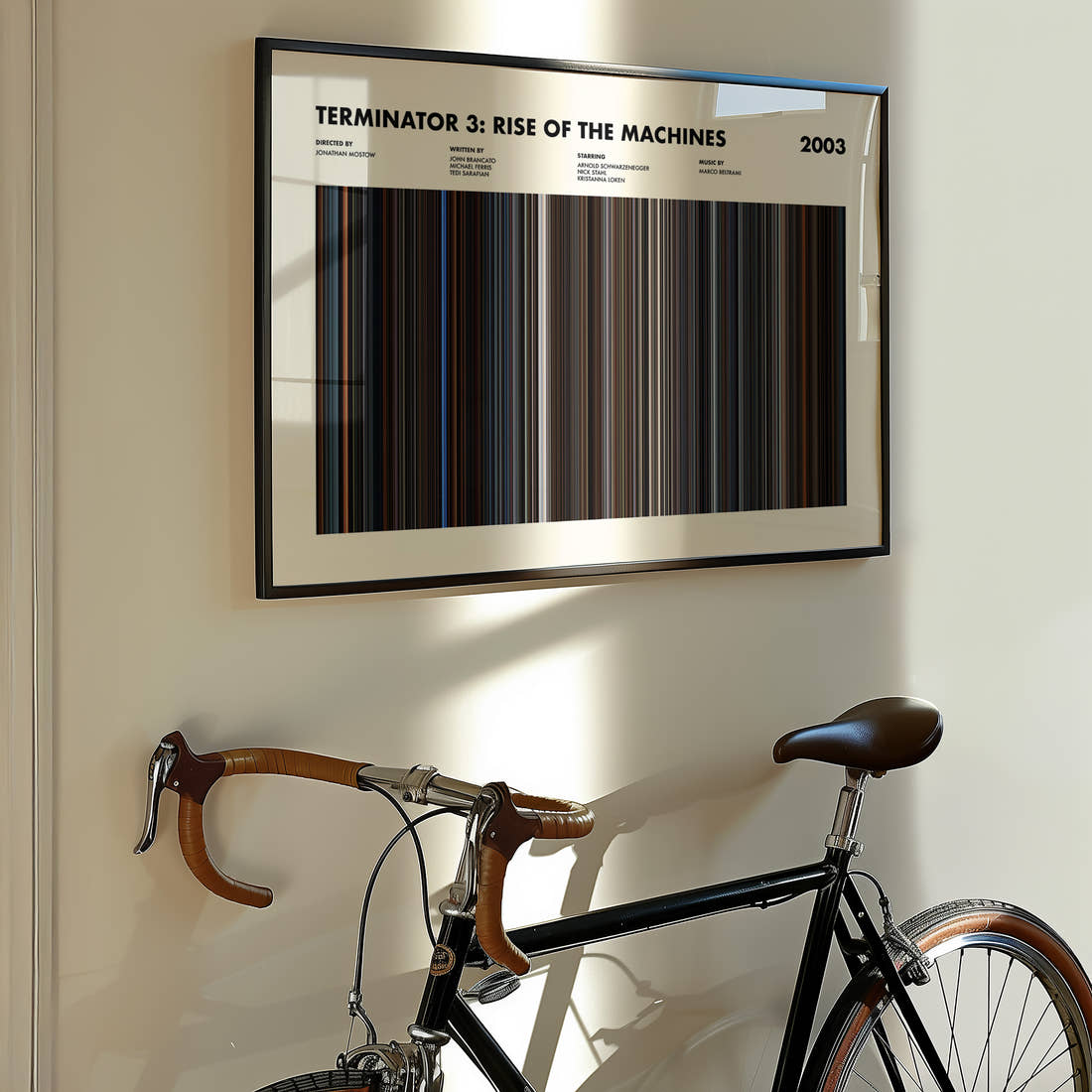 Terminator 3: Rise of the Machines Movie Barcode Poster framed on the wall of a styled room setting