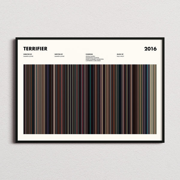 Terrifier Movie Barcode Poster framed and photographed straight on