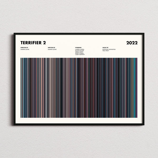 Terrifier 2 Movie Barcode Poster framed and photographed straight on