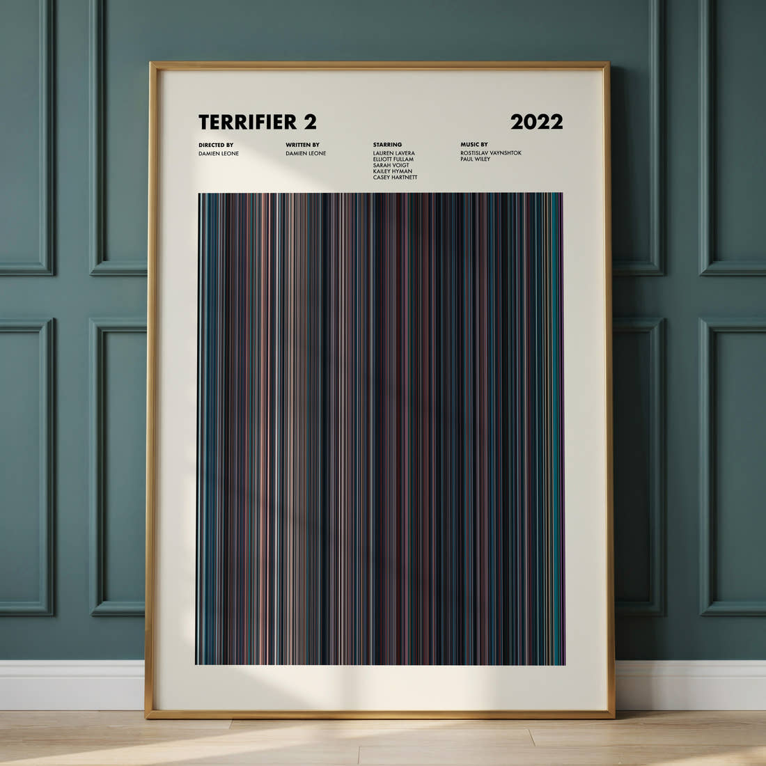 Terrifier 2 Movie Barcode Poster framed and leaning against a panelled wall