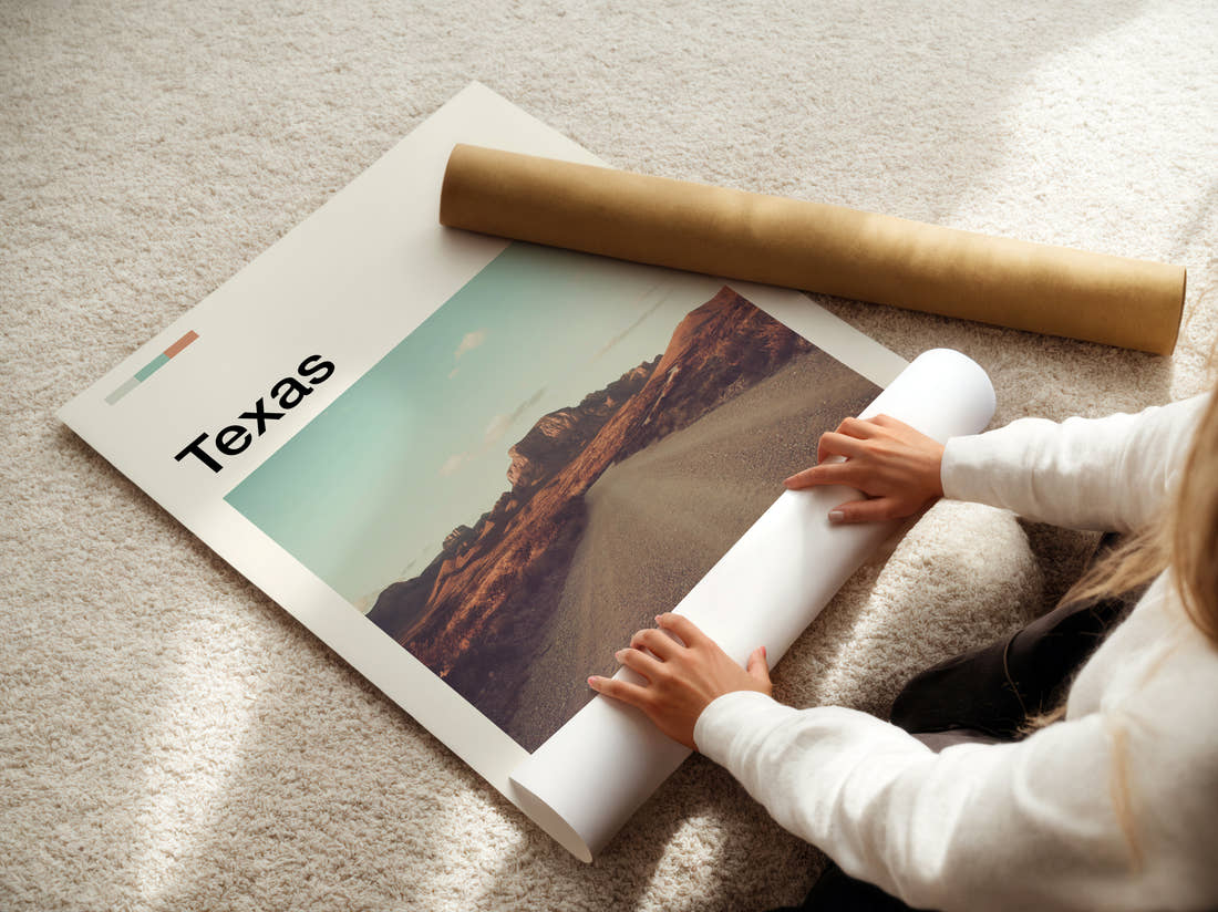 Texas Desert Road Travel Print being unrolled from its postal tube