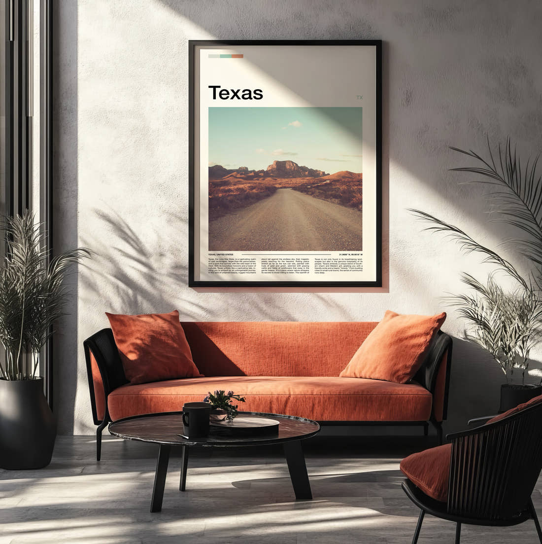 Texas Desert Road Travel Print framed on the wall of a modern living room