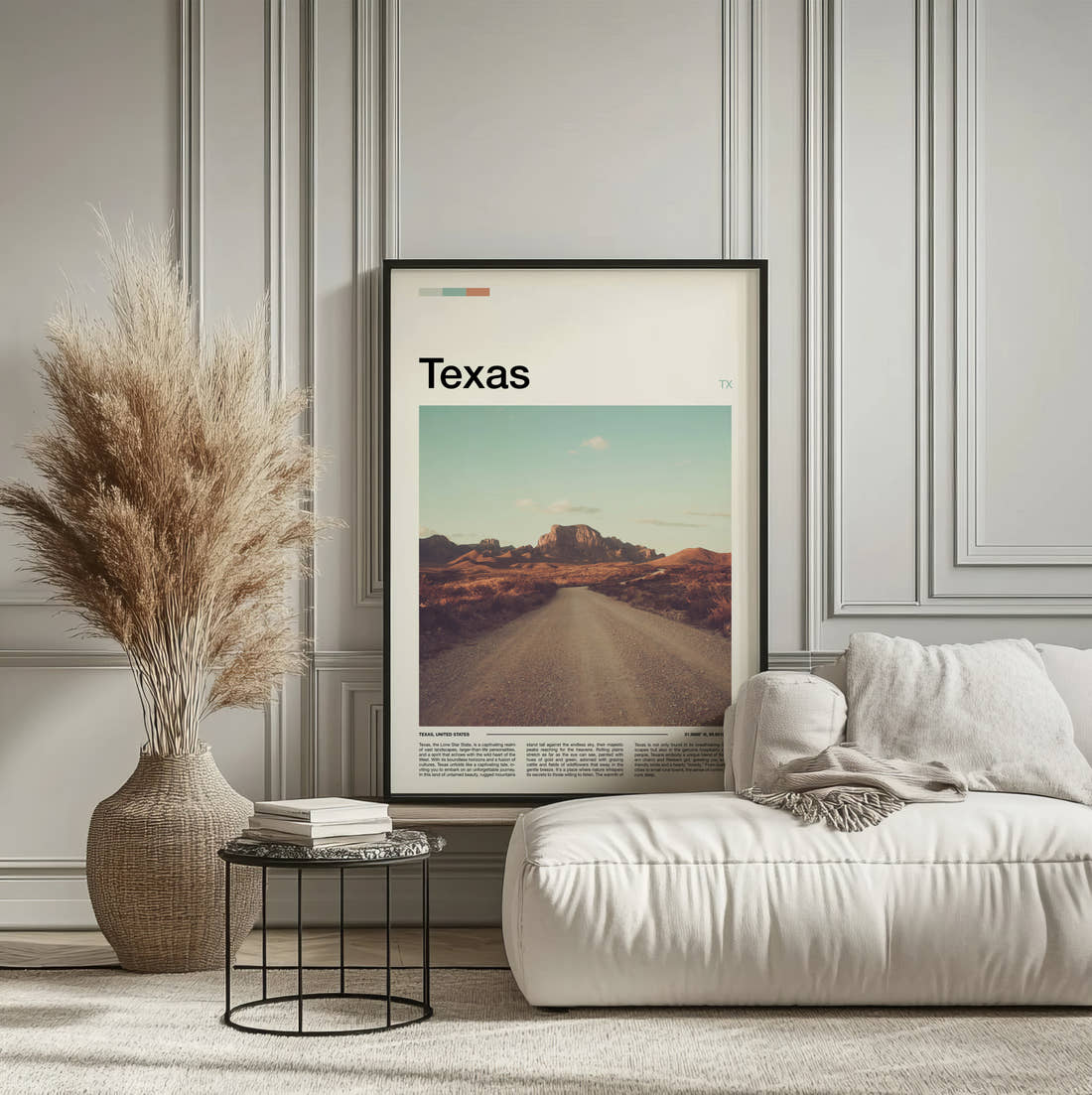 Texas Desert Road Travel Print framed on the wall of a calm, neutral bedroom