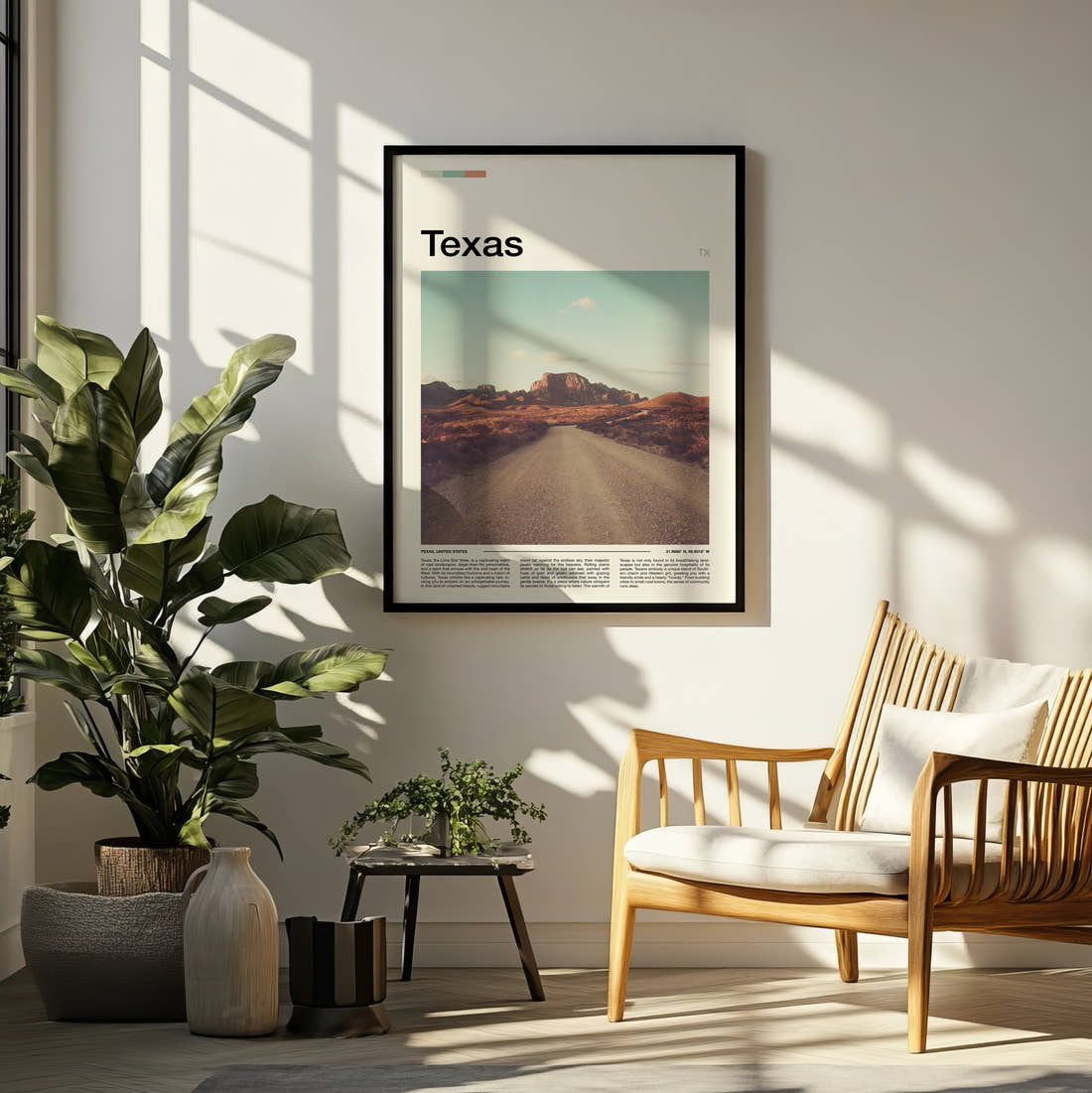 Texas Desert Road Travel Print framed on a pale wall beside houseplants