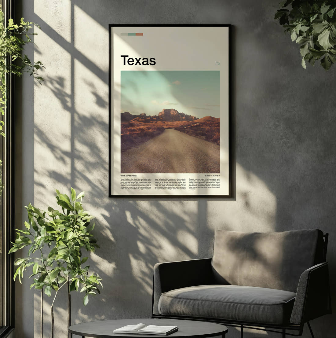 Texas Desert Road Travel Print framed on the wall of a relaxed living room