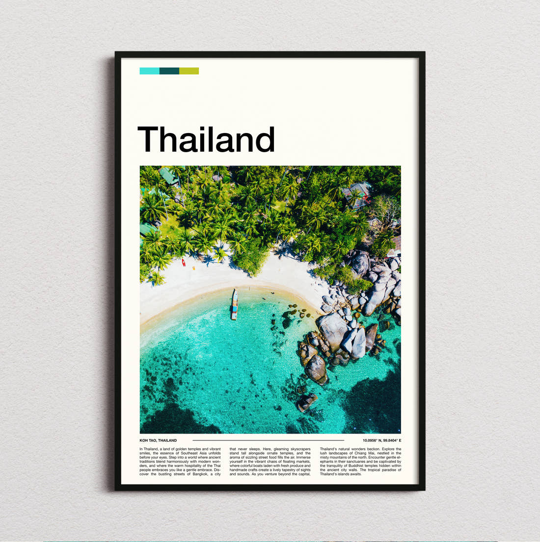 Thailand Aerial Beach And Rocks Travel Print framed and photographed straight on