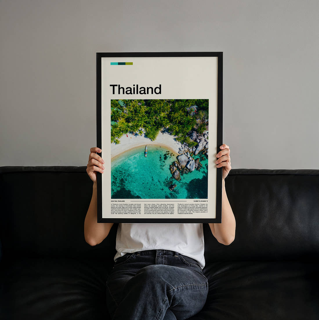 Thailand Aerial Beach And Rocks Travel Print held up by hand to show the size of the print