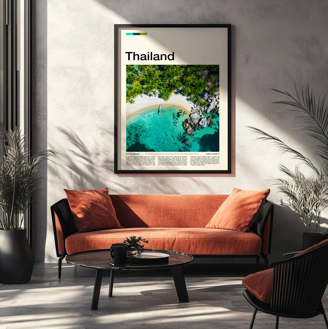 Thailand Aerial Beach And Rocks Travel Print framed on the wall of a modern living room
