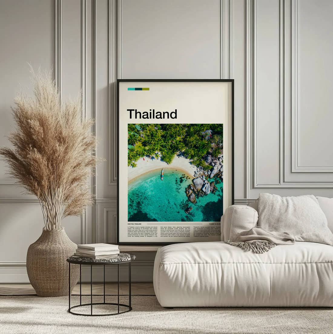 Thailand Aerial Beach And Rocks Travel Print framed on the wall of a calm, neutral bedroom