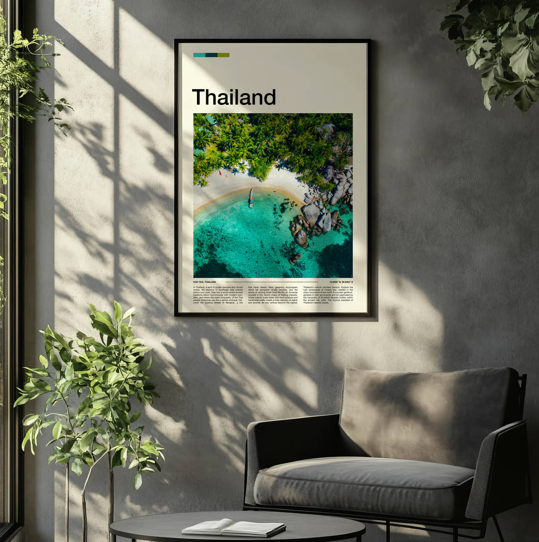 Thailand Aerial Beach And Rocks Travel Print framed on the wall of a relaxed living room