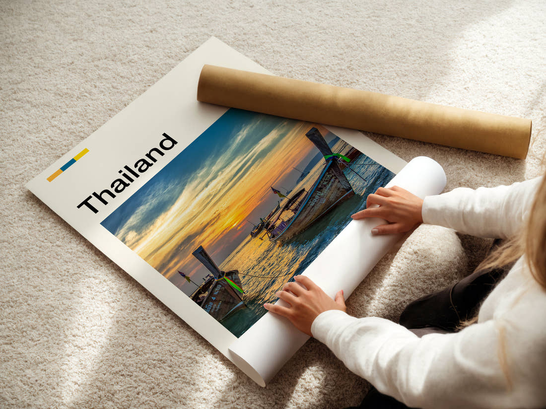 Thailand Longtail Boats At Sunset Travel Print being unrolled from its postal tube