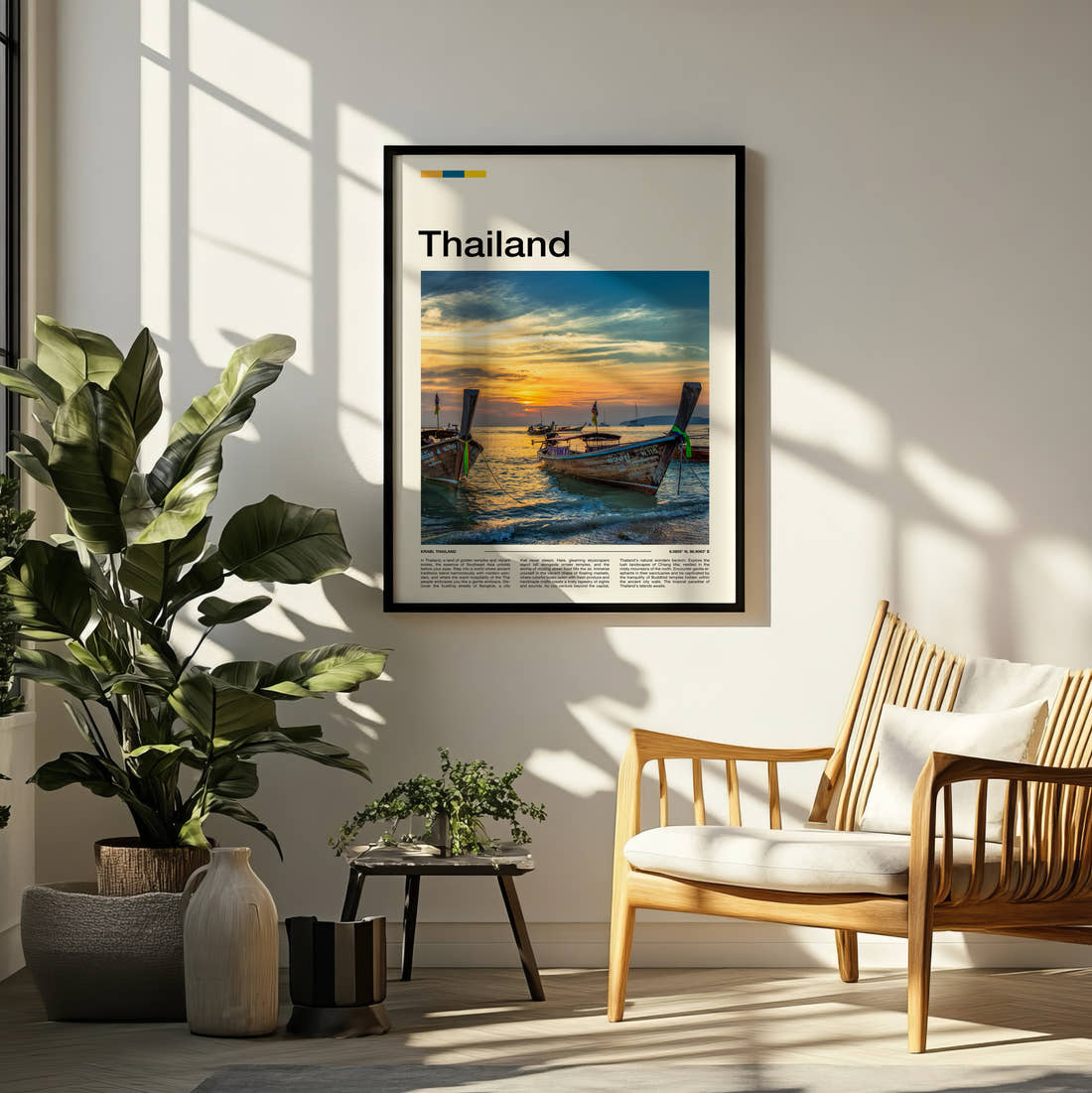 Thailand Longtail Boats At Sunset Travel Print framed on a pale wall beside houseplants